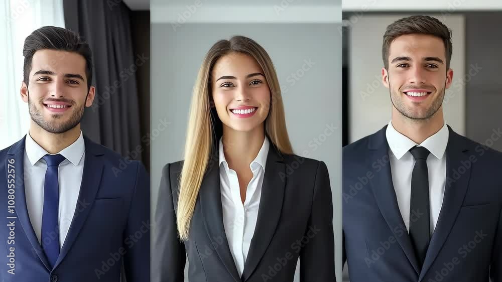 Three business professionals stand in a row, wearing suits and smiling at the camera Three business professionals stand in a row, wearing suits and smiling at the camera