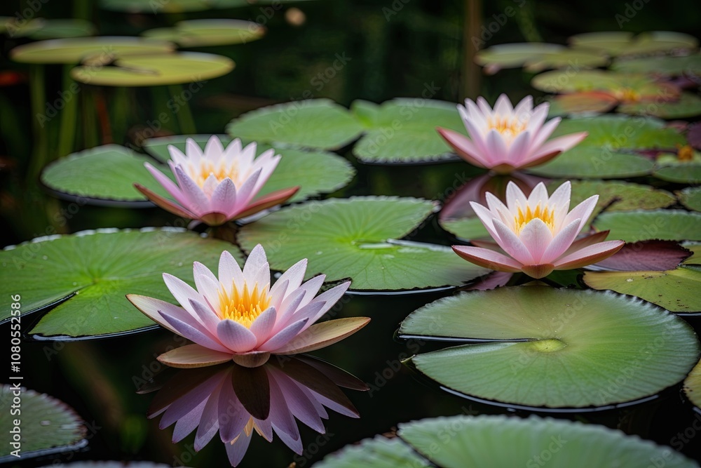 Serene Aquatic Landscape with Delicate Water Lilies in a Peaceful Pond Serene Aquatic Landscape with Delicate Water Lilies in a Peaceful Pond