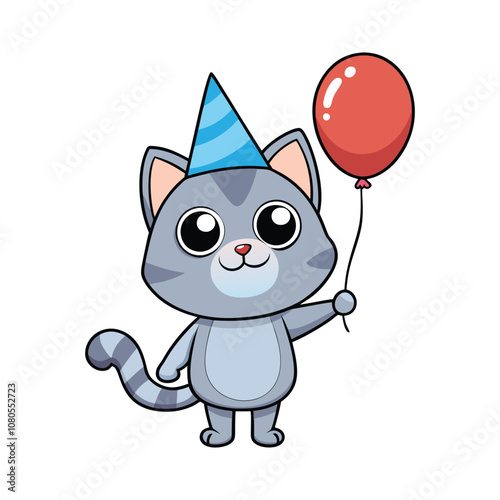 Cartoon Cat Party Cat With Hat And Balloons