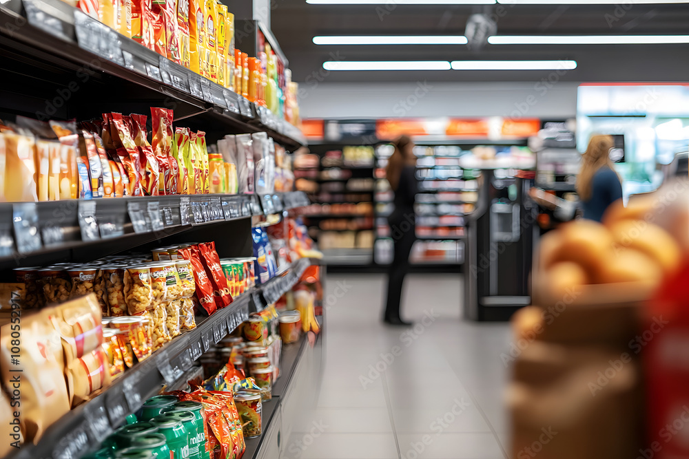Fototapeta premium Well-Stocked Convenience Store Within The Gas Station, With Customers Browsing Snacks And Beverages While Attendants Assist At The Pumps