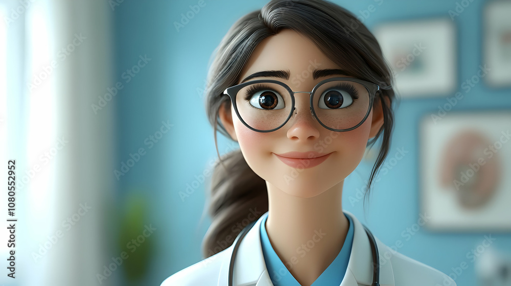 Smiling Cartoon Doctor with Glasses 3D Illustration