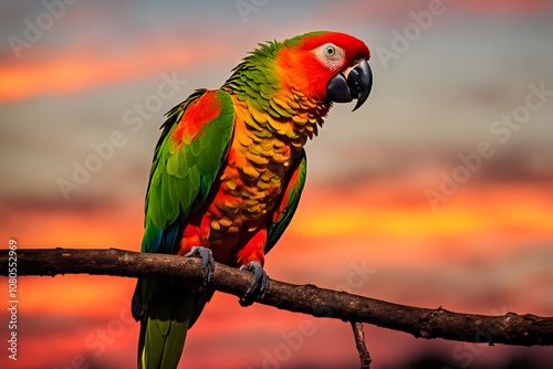 An amazon parrot sitting on a branch with an intense sunset background in red orange and yellow, AI Generated