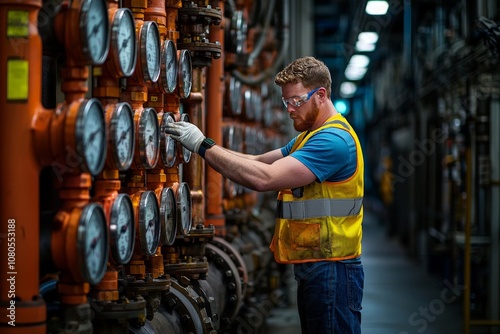 Industrial Worker in Safety Vest Conducting Pressure Check on Gauges in a Manufacturing Facility for Quality Control and Compliance with Standards photo