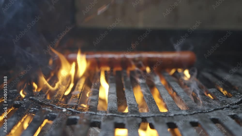 A hot dog is being cooked on a grill, with the flames licking the end of the sausage