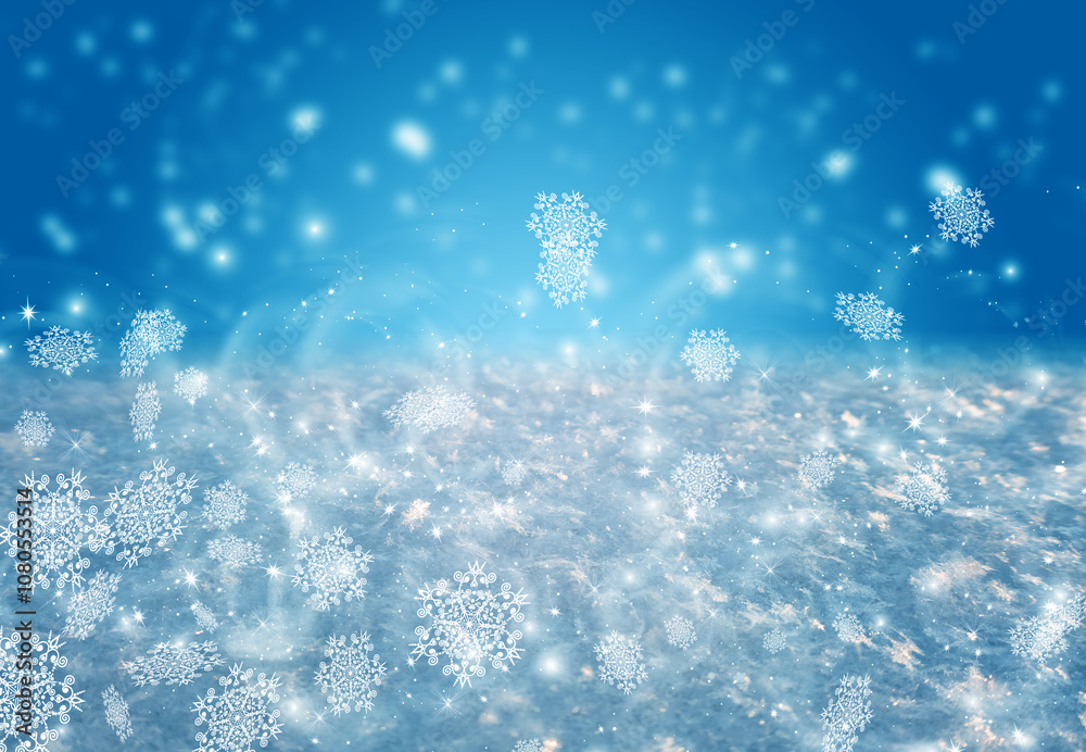 New Year winter holiday background with bokeh, blurred neon lights, snowflakes and frost New Year winter holiday background with bokeh, blurred neon lights, snowflakes and frost