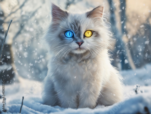 A cute cat with heterochromia (different colored eyes), sitting in a snowy winter scene