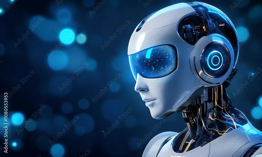 Close-up of a white robot head with blue lights on a dark blue background. Close-up of a white robot head with blue lights on a dark blue background.