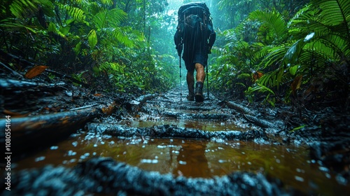 Dense jungles of the Kokoda Track in Papua New Guinea, intense humidity visible in the lush vegetation. Muddy trails and treacherous roots underfoot, lone hiker with heavy gear pushing through, stream