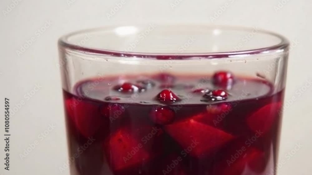 close-up of deep berry juice being poured into a glass with pomegranate seeds and whole berries, deep berry juice pouring into a glass with fresh pomegranate seeds floating and whole berries scattered