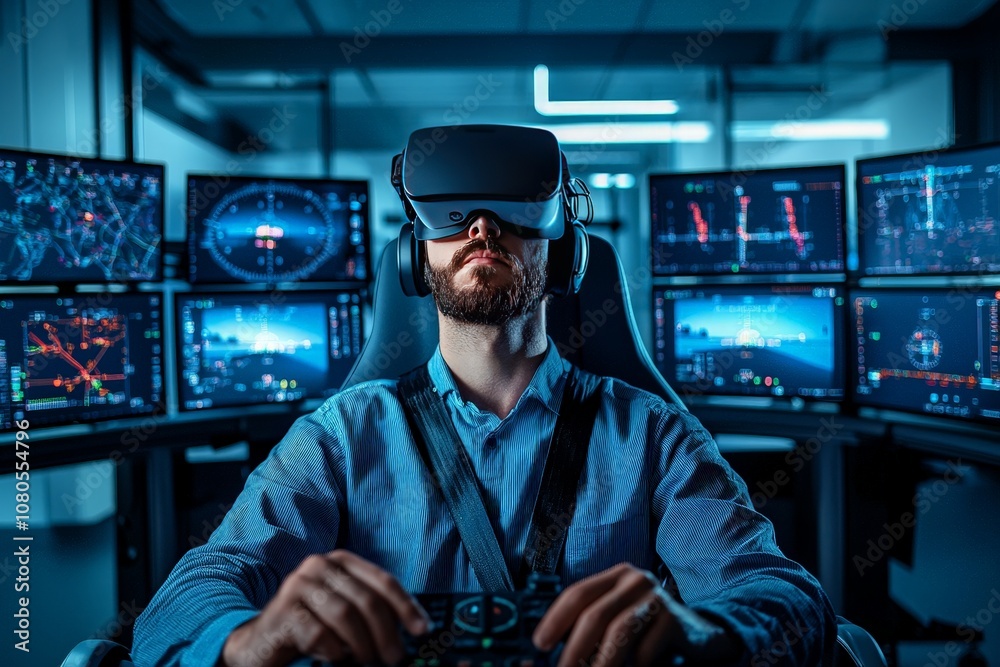 Pilot Adjusting Flight Controls in Fully Immersive Virtual Reality Setup Surrounded by Multiple Screens with Flight Data and Simulations Pilot Adjusting Flight Controls in Fully Immersive Virtual Reality Setup Surrounded by Multiple Screens with Flight Data and Simulations