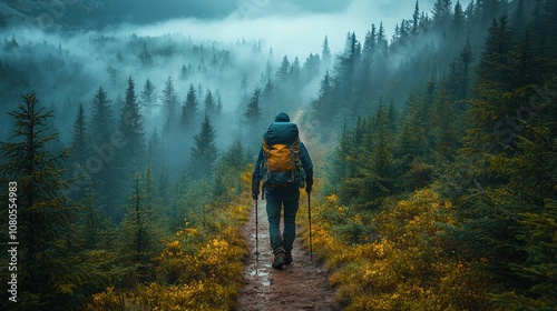 Remote wilderness of the Pacific Crest Trail, dense forests and steep cliffs, fog weaving through pine trees, lone hiker with a heavy pack, isolated trail stretching ahead with vivid textures on bark  photo