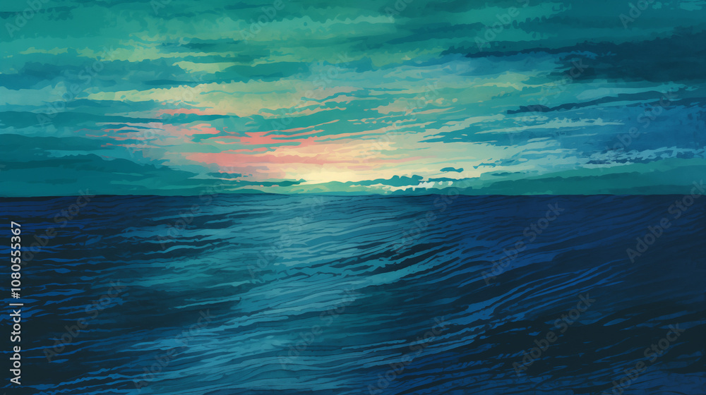 Fototapeta premium Sunset over sea - blue cloudy beautiful illustration with copy space