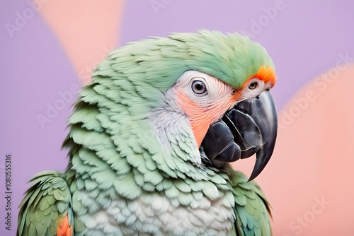 A parrot close-up with an abstract pastel background featuring mint green peach and lavender, AI Generated photo