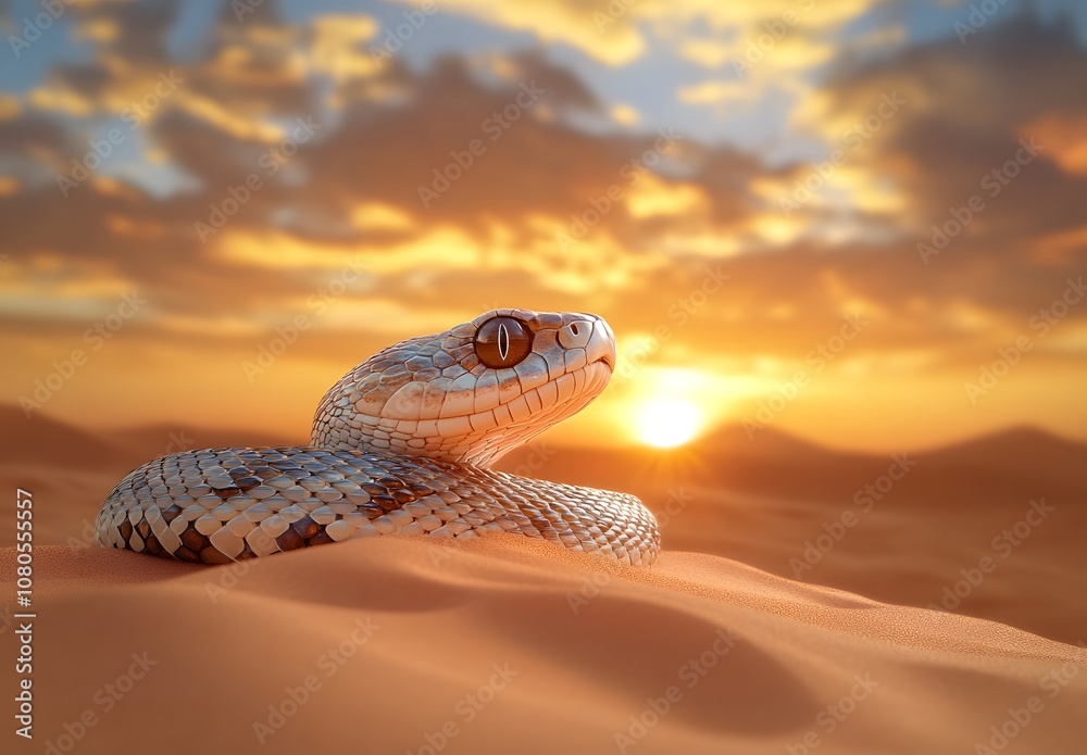 Fototapeta premium A snake on the top of a sand dune in the desert, with a sunset background and a desert landscape, in a photo-realistic, 