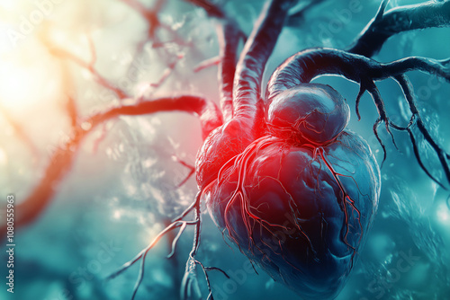 Illustration of the heart with a noticeable thrombosed artery, showing the risk of a heart attack. photo