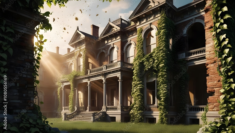 Fototapeta premium Exploring abandoned mansion historic location architectural photography overgrown environment dramatic lighting eerie yet beautiful