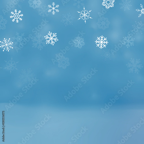 Winter Christmas Background with Snowflakes. Fir Tree Branches, Merry Christmas, Xmas, New Year's Eve. Snowfall, Snow, Snowy Pine Forest, Blurred Bokeh Lights. Holiday Landscape.  Vector Illustration.
