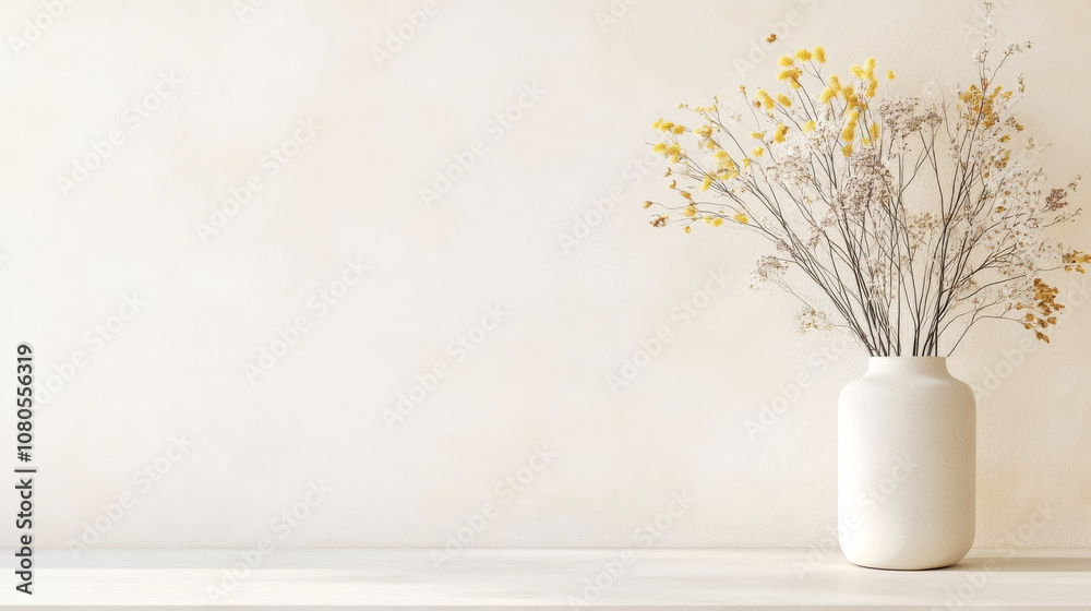 A minimalist vase filled with dried flowers adds touch of elegance to neutral background, creating serene and calming atmosphere A minimalist vase filled with dried flowers adds touch of elegance to neutral background, creating serene and calming atmosphere