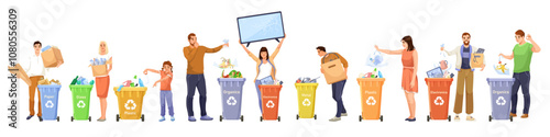 A group of people actively sorting various waste into recycling bins. Vector illustration