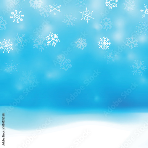 Winter Christmas Background with Snowflakes. Fir Tree Branches, Merry Christmas, Xmas, New Year's Eve. Snowfall, Snow, Snowy Pine Forest, Blurred Bokeh Lights. Holiday Landscape. Vector Illustration.