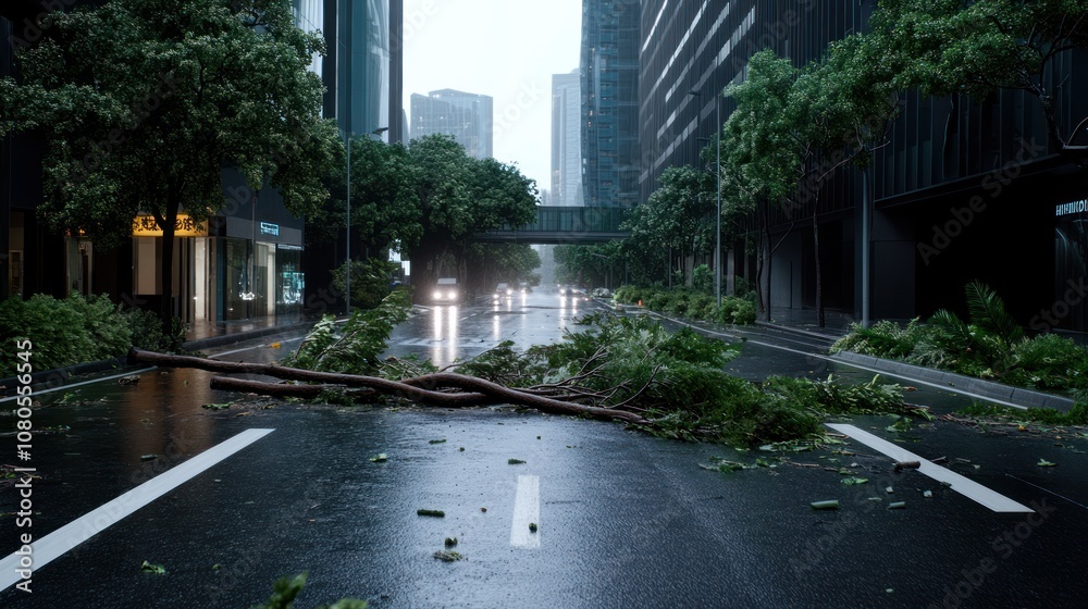 Fototapeta premium Urban street after a storm, with fallen branches and debris.