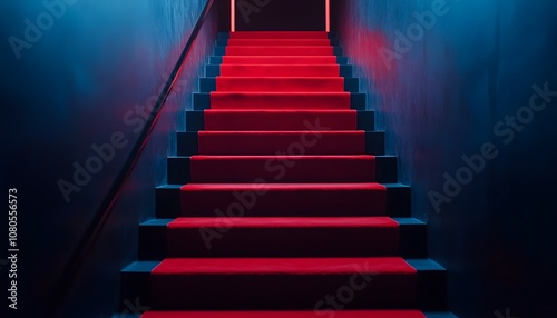 Red carpet on stairs in a dark room, a night club or bar entrance concept. Stock photo with space for text or copy space banner.