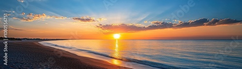 A serene beach sunset with vibrant colors reflecting on calm waters.