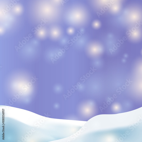 Winter Christmas Background with Snowflakes. Fir Tree Branches, Merry Christmas, Xmas, New Year's Eve. Snowfall, Snow, Snowy Pine Forest, Blurred Bokeh Lights. Holiday Landscape. Vector Illustration.