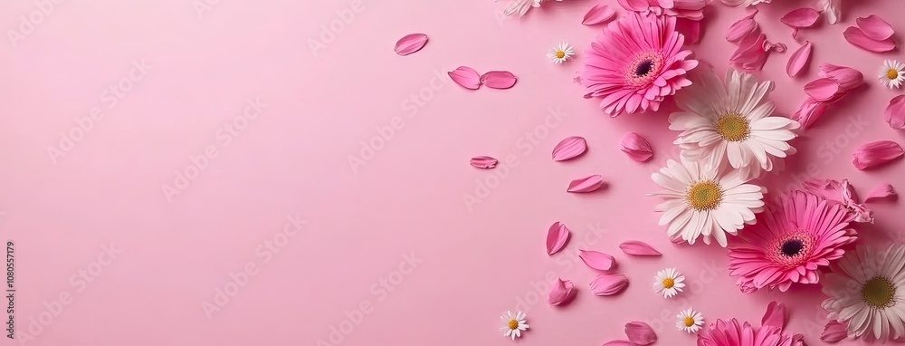 Charming pink and beige gerbera daisies with delicate wildflowers for a joyful summer greeting card design on a soft pink backdrop Charming pink and beige gerbera daisies with delicate wildflowers for a joyful summer greeting card design on a soft pink backdrop