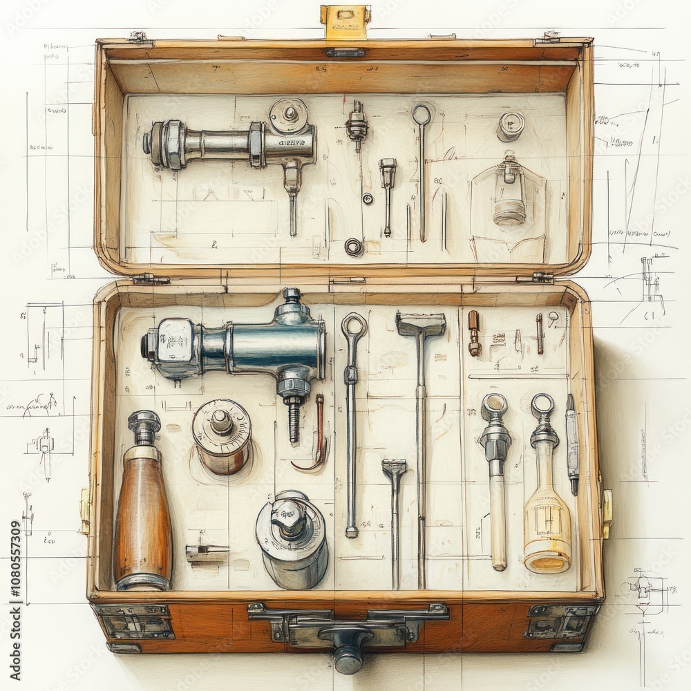 Fototapeta premium An open wooden toolbox with a variety of tools and implements.