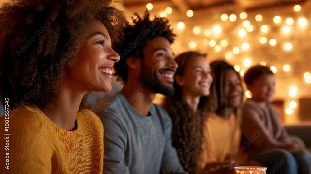 Joyful moments shared among friends create lasting memories. This image captures group of people smiling and enjoying each others company in cozy, warmly lit setting, perfect for gatherings