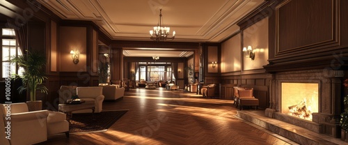 Elegant Lobby with Fireplace and Sunlit Hardwood Floors