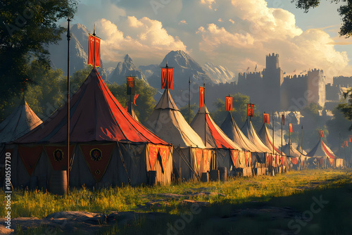 Illustration of Medieval Army Camp Tents, Castle, Mountains