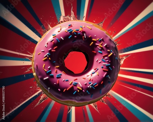 A vibrant doughnut with colorful sprinkles on a striking red background, creating a lively and eye-catching visual display