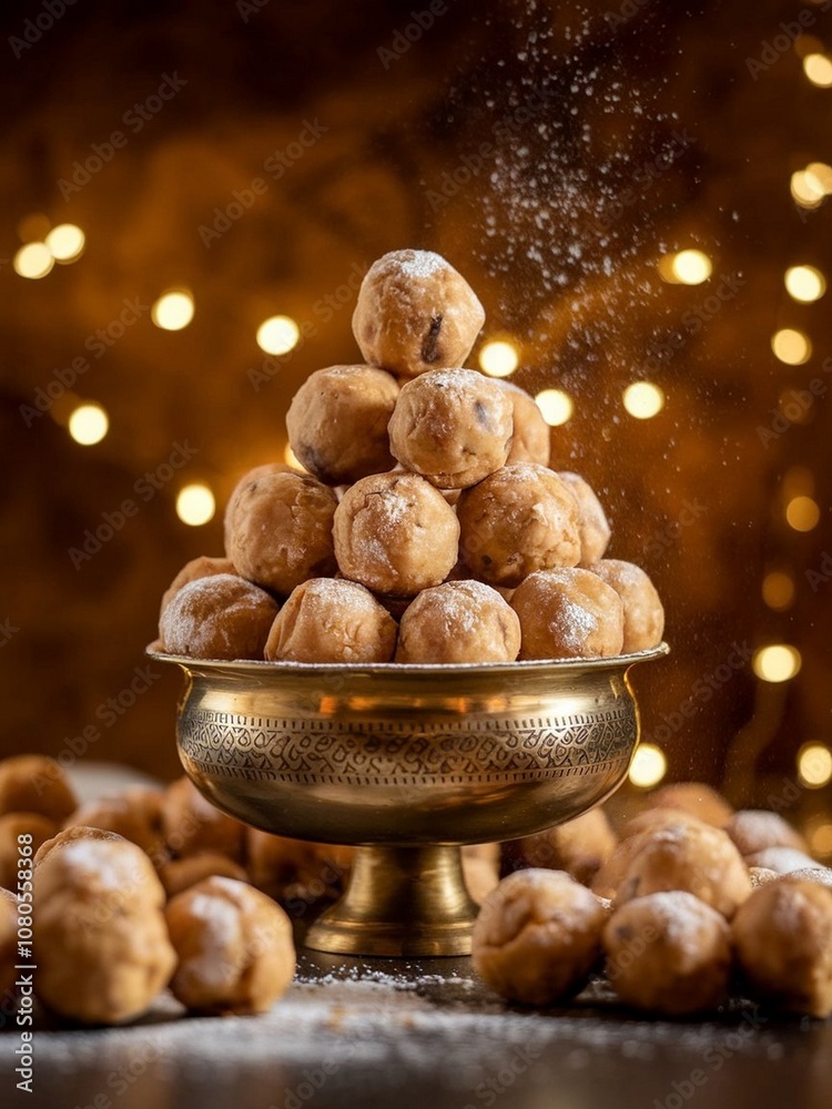 A pyramid of golden laddu balls in a brass bowl, dusted with powdered sugar, against a festive background with fairy lights. A pyramid of golden laddu balls in a brass bowl, dusted with powdered sugar, against a festive background with fairy lights.