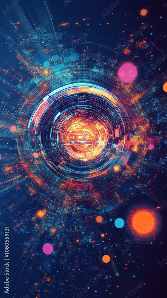 Obraz premium A dynamic digital interface featuring vibrant circular patterns and glowing elements, perfect for technology and innovation themes.
