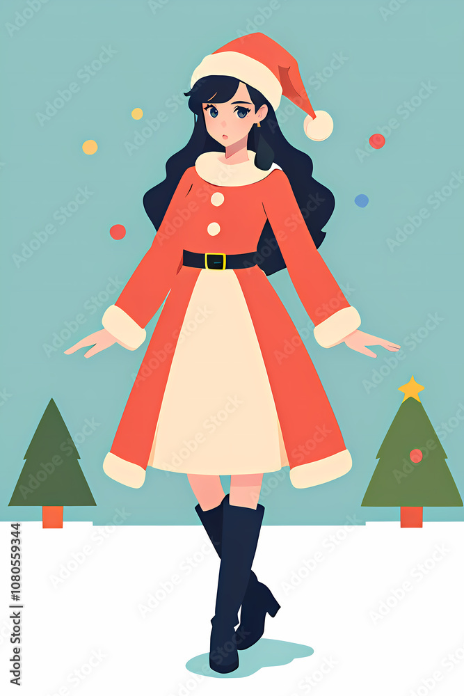 Christmas Girl in Santa Hat and Winter Cape - Flat Illustration Christmas Girl in Santa Hat and Winter Cape - Flat Illustration