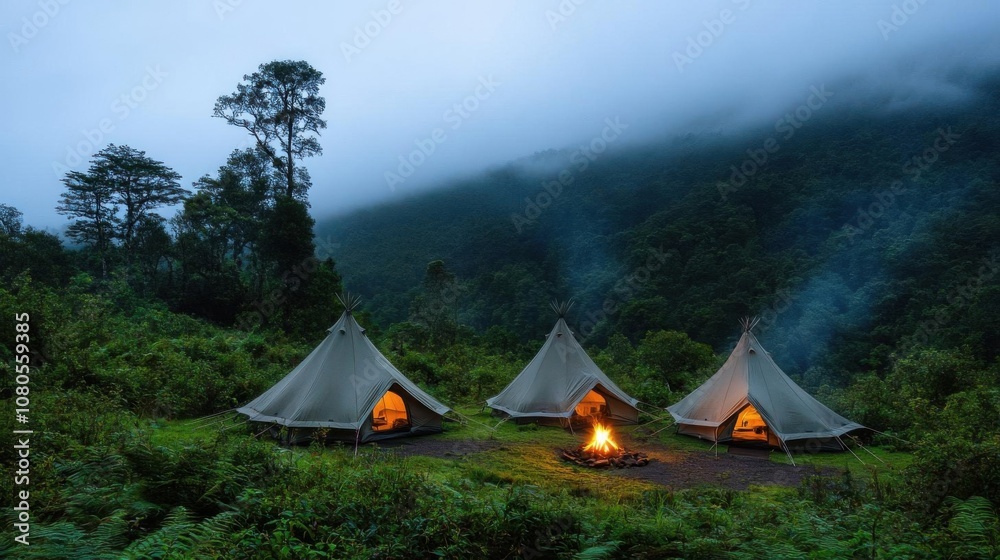 Fogcovered tents in lush wilderness