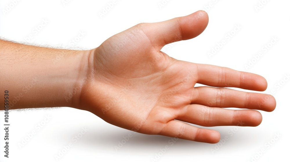 Close-up Image of an Outstretched Human Hand with Visible Palms and Fingers on a Soft White Background Highlighting Textures and Details Close-up Image of an Outstretched Human Hand with Visible Palms and Fingers on a Soft White Background Highlighting Textures and Details
