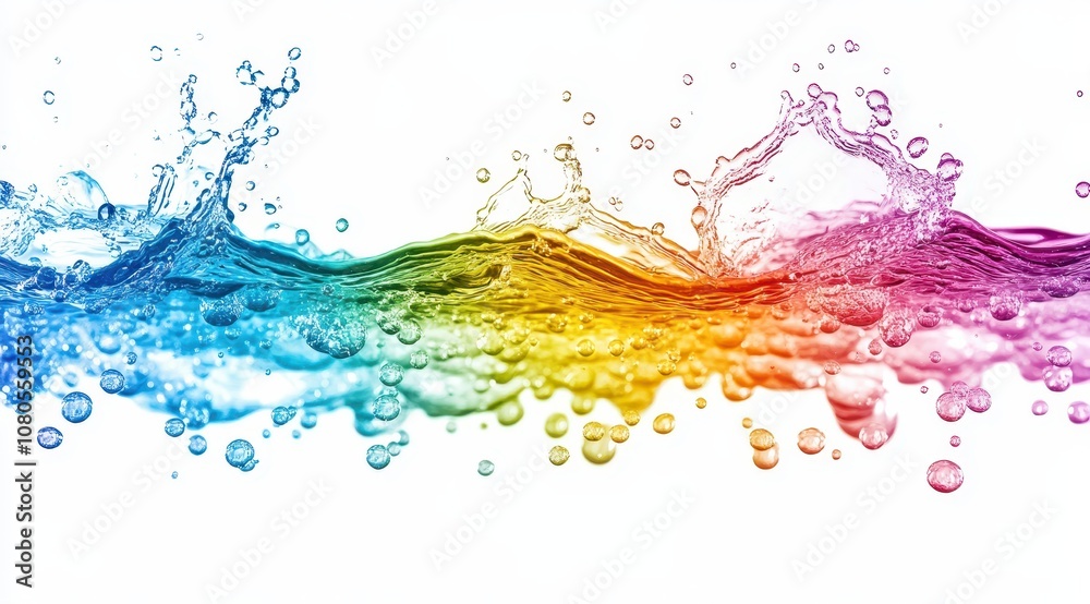 Obraz premium A vibrant splash of colorful water creating dynamic waves and bubbles, showcasing the beauty of movement and liquid in a rainbow spectrum.