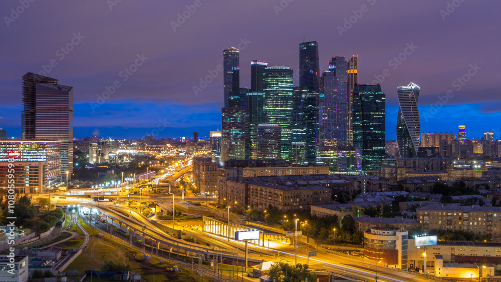 Night to day view of the city traffic timelapse and Building of Moscow International Business Center Moscow-City Night to day view of the city traffic timelapse and Building of Moscow International Business Center Moscow-City