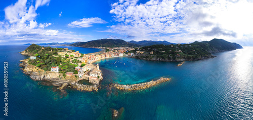 Fototapeta Naklejka Na Ścianę i Meble -  Liguria region, Italy travel. beautiful town Sestri Levante. aerial panoramic view of Bay of Silence and beach