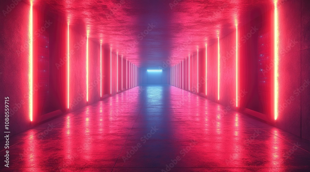 Neon light tunnel with red and blue glowing lines in a dark space. Neon light tunnel with red and blue glowing lines in a dark space.