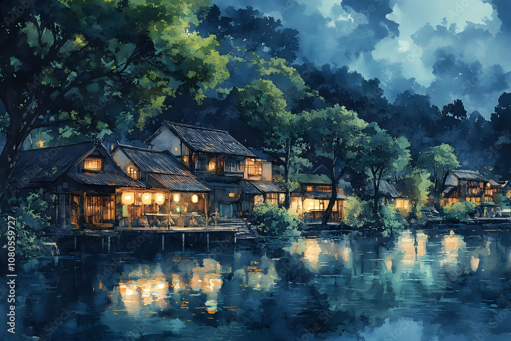 Illustration of Tranquil Night Village by the River