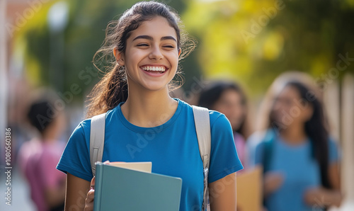 Smiling college student with backpack enjoying sunny day outside modern university building. Confident young woman in casual attire standing in campus courtyard with joyful expression
