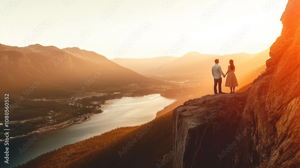 A romantic sunset moment shared between two lovers overlooking a breathtaking valley and lake A romantic sunset moment shared between two lovers overlooking a breathtaking valley and lake