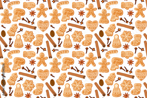 Seamless Cookies Pattern. Gingerbread cookie and ingredients for cooking. Traditional Christmas baking with glaze drawing. Homemade cookie cooking. Repeated background for wallpaper, scrap, wrapper.