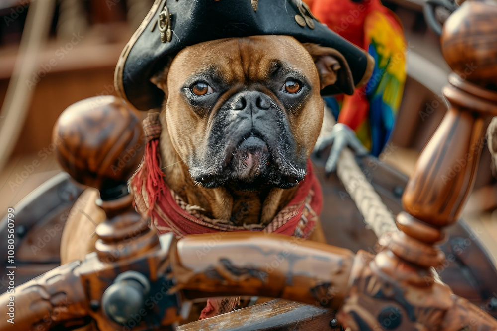 Portrait of dog in pirate costume sea trip generative AI illustration Portrait of dog in pirate costume sea trip generative AI illustration