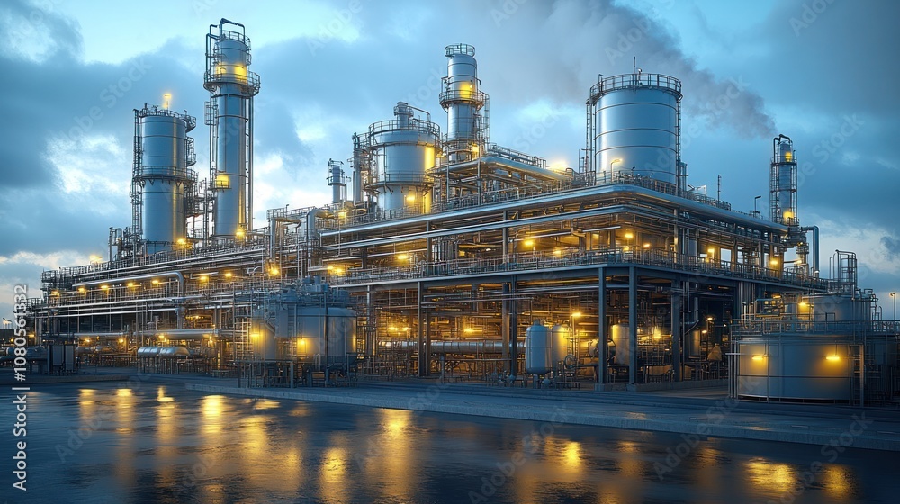 Industrial facility with illuminated structures against a cloudy sky. Industrial facility with illuminated structures against a cloudy sky.