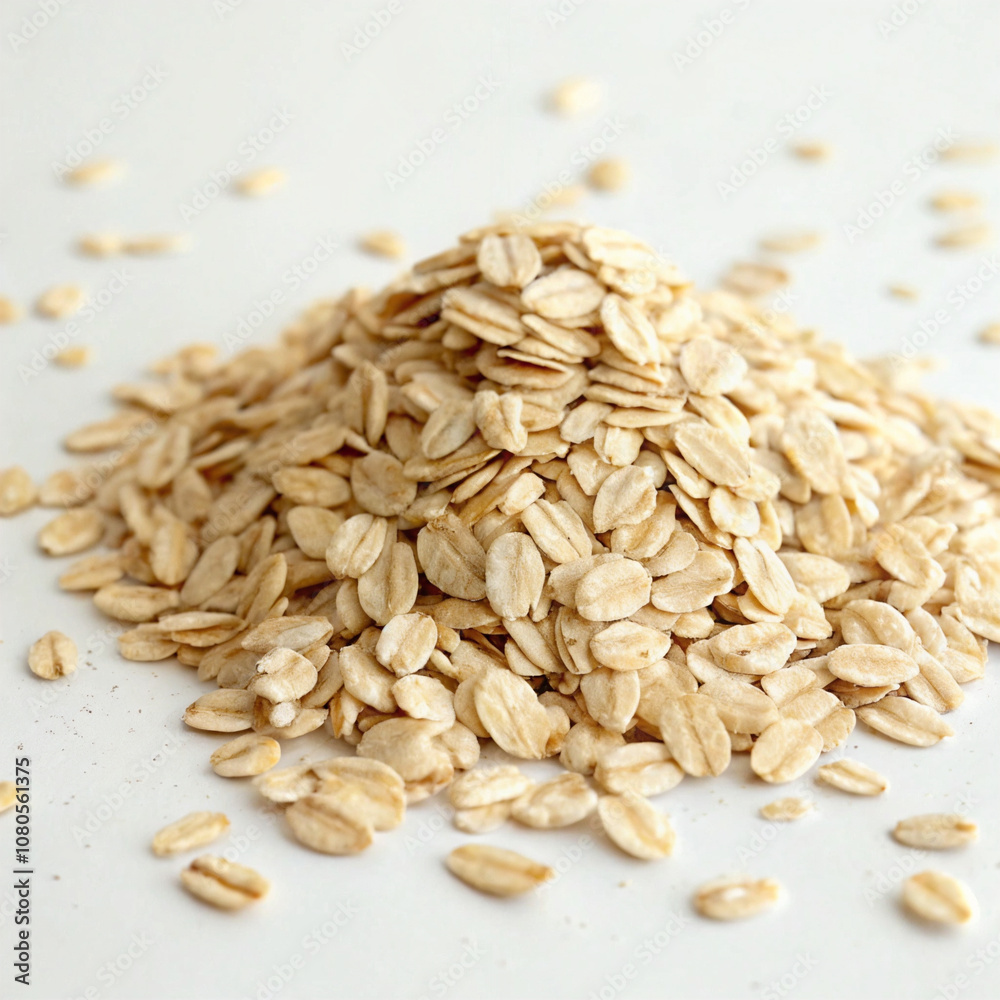 A mound of rolled oats on a white surface, highlighting their natural, wholesome texture, ideal for a nutritious breakfast ingredient. A mound of rolled oats on a white surface, highlighting their natural, wholesome texture, ideal for a nutritious breakfast ingredient.